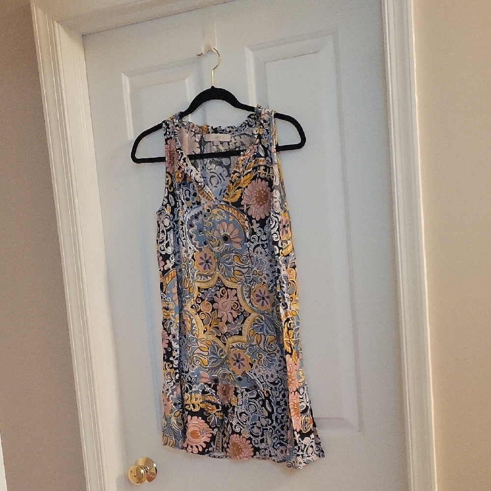 Loft Blue And Pink Floral Sleeveless Dress With Ruffle Bottom Small